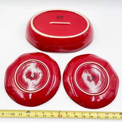 RED CERAMIC OVAL BOWL & 2 PLATES - â€œSOUTHERN LIVING AT HOMEâ€