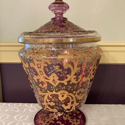 Stunning 3 piece Cranberry Beverage Server with heavy gold overlay