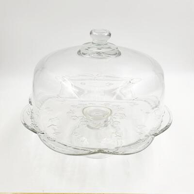 FLORAL PATTERN CLEAR GLASS FOOTED CAKE STAND/PLATE WITH DOME