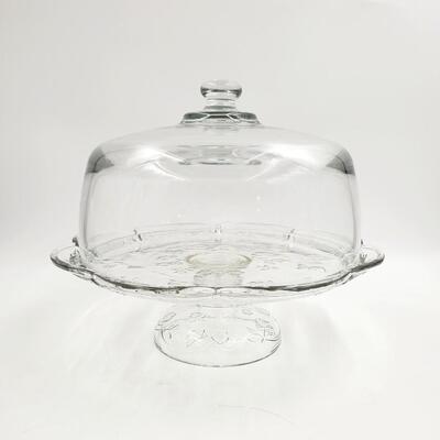 FLORAL PATTERN CLEAR GLASS FOOTED CAKE STAND/PLATE WITH DOME