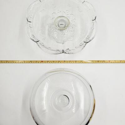 FLORAL PATTERN CLEAR GLASS FOOTED CAKE STAND/PLATE WITH DOME