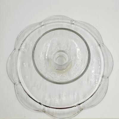 FLORAL PATTERN CLEAR GLASS FOOTED CAKE STAND/PLATE WITH DOME