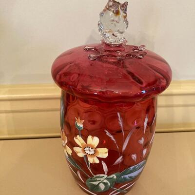 Cranberry hand blown, hand painted dish with lid