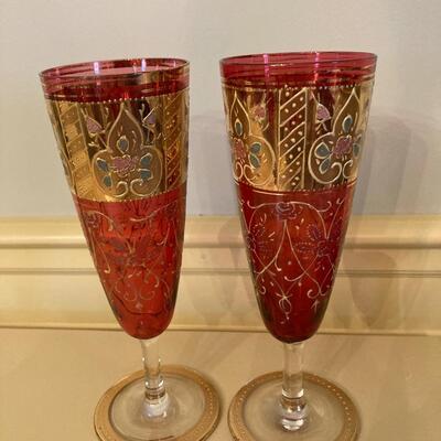 Cranberry Wine Glasses with Gold Overlay