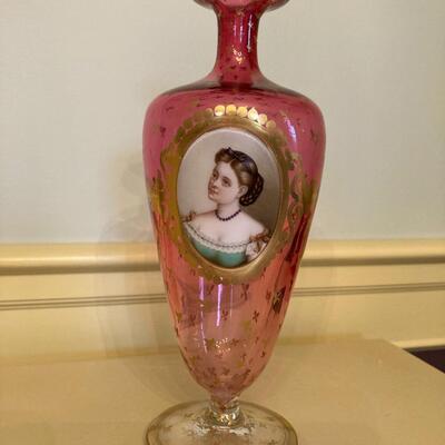 Cranberry Bud Vase with hand painted portrait