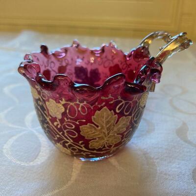 Sweet little cranberry dish with gold overlay