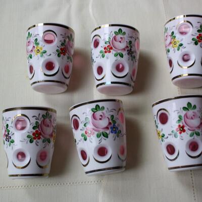 6 Bohemian Overlay Cut to Clear Cranberry Juice Tumblers - KP/CN