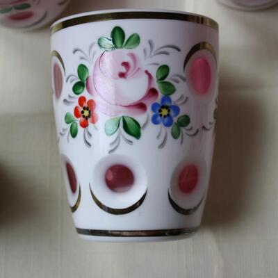 6 Bohemian Overlay Cut to Clear Cranberry Juice Tumblers - KP/CN