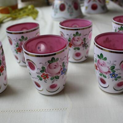 6 Bohemian Overlay Cut to Clear Cranberry Juice Tumblers - KP/CN