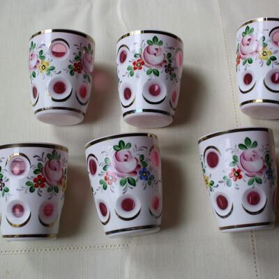 6 Bohemian Overlay Cut to Clear Cranberry Juice Tumblers - KP/CN