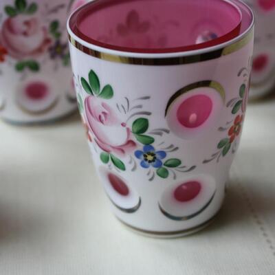 6 Bohemian Overlay Cut to Clear Cranberry Juice Tumblers - KP/CN