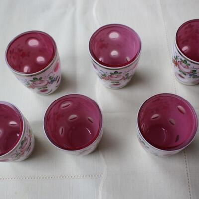 6 Bohemian Overlay Cut to Clear Cranberry Juice Tumblers - KP/CN