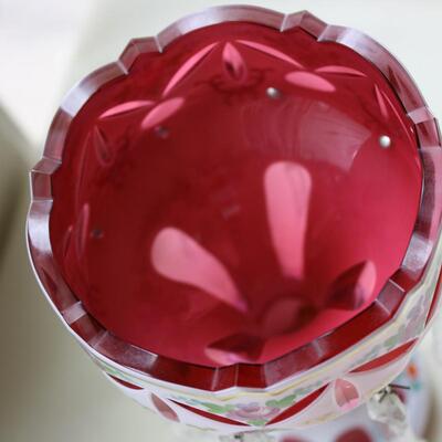 Bohemian Overlay Cut to Clear Cranberry Luster 8.5" (KP/CN)