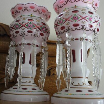 Pair Victorian Bohemian Overlay Mantle Lustres 12"  (KP/CN)
