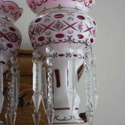 Pair Victorian Bohemian Overlay Mantle Lustres 12"  (KP/CN)