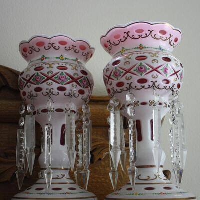 Pair Victorian Bohemian Overlay Mantle Lustres 12"  (KP/CN)