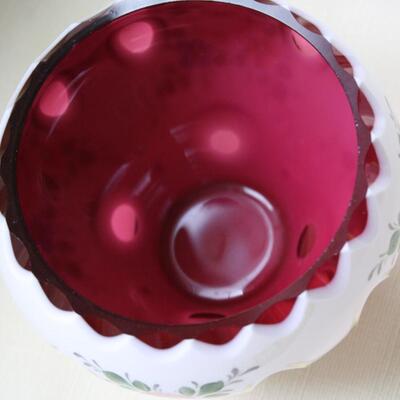 VINTAGE BOHEMIAN CZECH OVERLAY CUT TO CRANBERRY BOWL VASE 3.75" (KP/CN) 