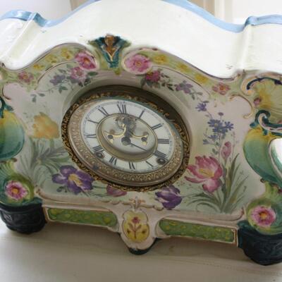 ANTIQUE ANSONIA "LA VERGNE" ROYAL BONN PORCELAIN CLOCK OPEN ESCAPEMENT