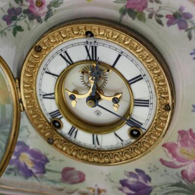 ANTIQUE ANSONIA "LA VERGNE" ROYAL BONN PORCELAIN CLOCK OPEN ESCAPEMENT