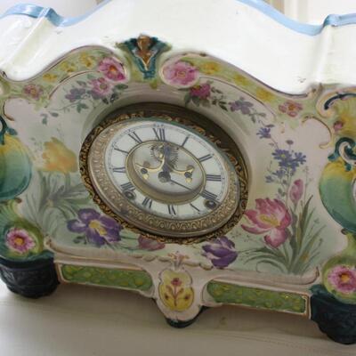 ANTIQUE ANSONIA "LA VERGNE" ROYAL BONN PORCELAIN CLOCK OPEN ESCAPEMENT