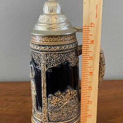 Vintage Cobalt & Tan DBGM Lidded Beer Stein West Germany Man Lady Cabin