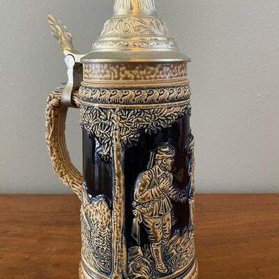 Vintage Cobalt & Tan DBGM Lidded Beer Stein West Germany Man Lady Cabin