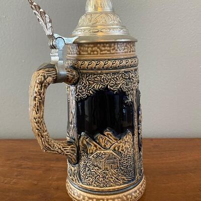 Vintage Cobalt & Tan DBGM Lidded Beer Stein West Germany Man Lady Cabin