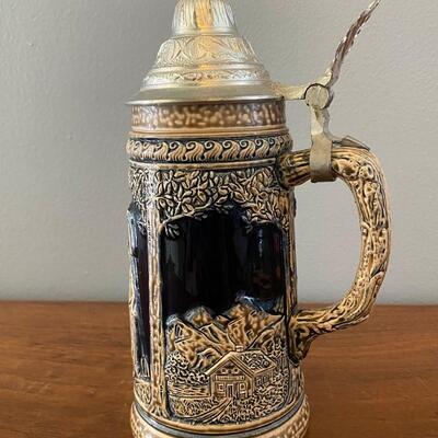 Vintage Cobalt & Tan DBGM Lidded Beer Stein West Germany Man Lady Cabin