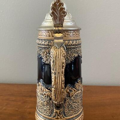 Vintage Cobalt & Tan DBGM Lidded Beer Stein West Germany Man Lady Cabin