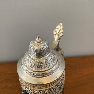 Vintage Cobalt & Tan DBGM Lidded Beer Stein West Germany Man Lady Cabin
