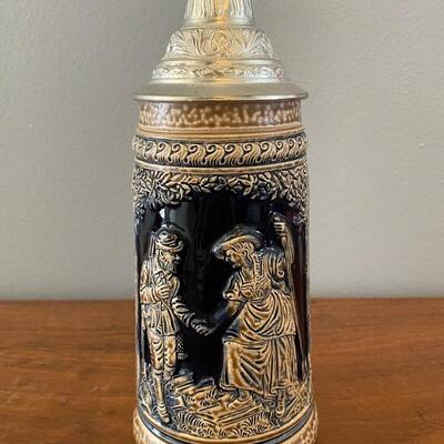 Vintage Cobalt & Tan DBGM Lidded Beer Stein West Germany Man Lady Cabin