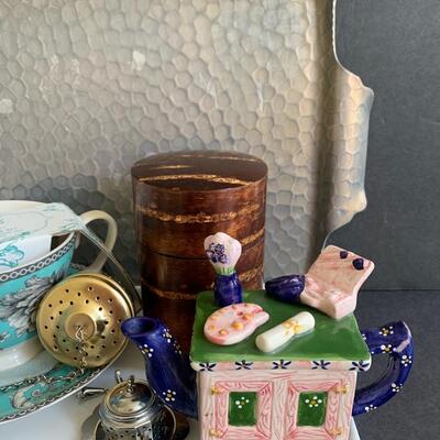 Lot 160:  China Teapot, Cherry Bark Tea Canister & More