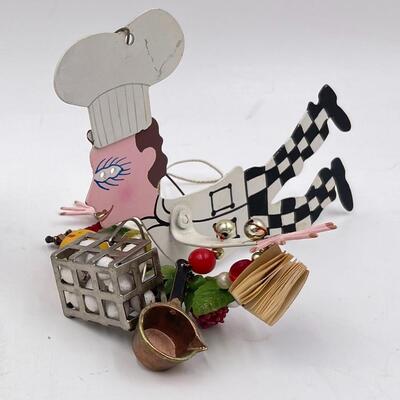 *SIGNED* KAREN ROSSI HANDMADE â€œCHEF FANCIFUL FLIGHT (MALE)â€ METAL ORNAMENT W/ CHARMS