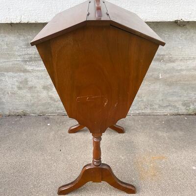 VINTAGE WOODEN STANDING SEWING BOX W/ SUPPLIES