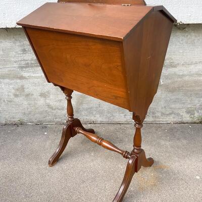 VINTAGE WOODEN STANDING SEWING BOX W/ SUPPLIES