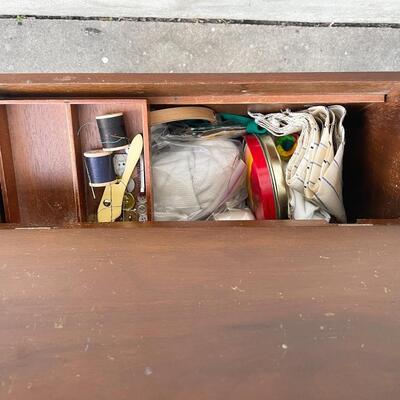 VINTAGE WOODEN STANDING SEWING BOX W/ SUPPLIES