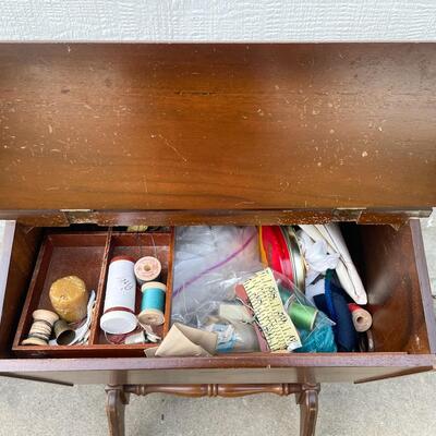 VINTAGE WOODEN STANDING SEWING BOX W/ SUPPLIES