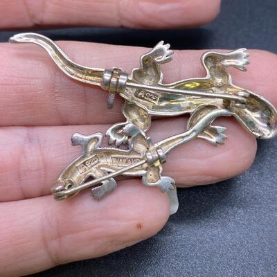 Pair of Sterling Silver Marcasite Emerald Lizard Reptile Pins Brooch