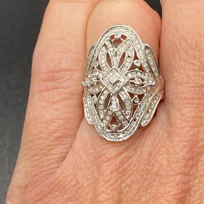14K White Gold & CZ Ornate Filigree Ring Size 7