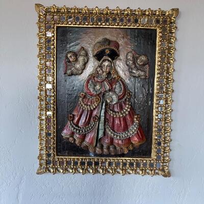 Item 1.  RARE Tabladilla  Virgin of Guápulo, with angels, painted carved relief in wood, Madonna and child. Circa 1700. 