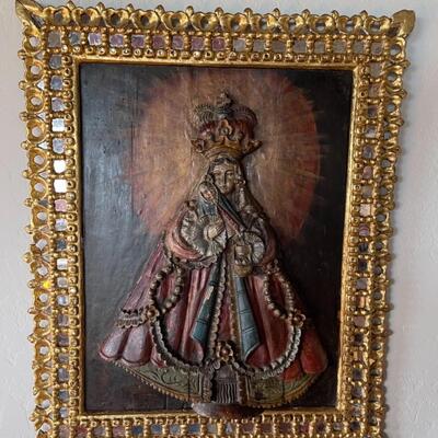 Item 2. RARE Tabladilla  Virgin of Guápulo, painted carved relief in wood, Madonna and child.  Circa 1700