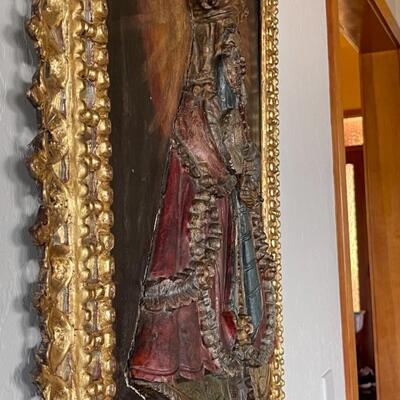 Item 2. RARE Tabladilla  Virgin of Guápulo, painted carved relief in wood, Madonna and child.  Circa 1700