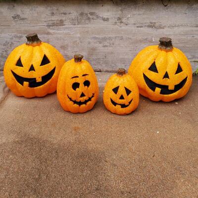 VINTAGE SEASONS MELTED POPCORN LIGHT UP JACK~O~LANTERNS BUNDLE OF 4