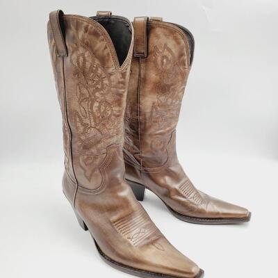 MARIA LYA COPPER/TAN LEATHER CALF BOOTS SIZE 10