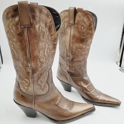 MARIA LYA COPPER/TAN LEATHER CALF BOOTS SIZE 10