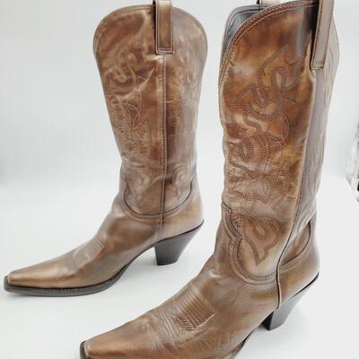 MARIA LYA COPPER/TAN LEATHER CALF BOOTS SIZE 10