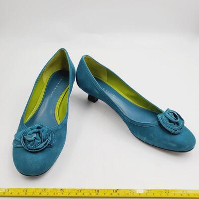 TEAL ROSETTE ANTONIO MELANI SIZE 10M PUMPS WITH BOX