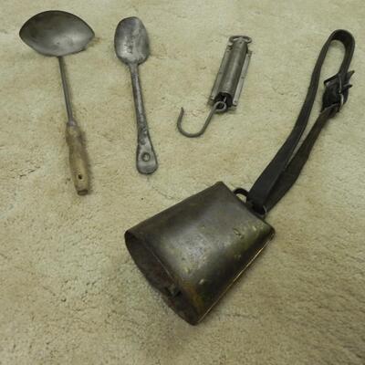 LOT 18  OLD COW BELL, HANGING SCALE & MORE