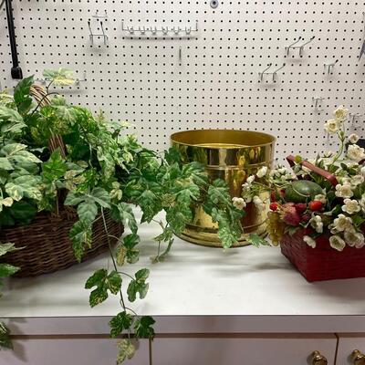 Loot 447  Pair of Silk Arrangements and Brass Planter