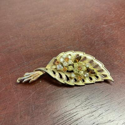 Vintage Coro Rhinestone Leaf Brooch